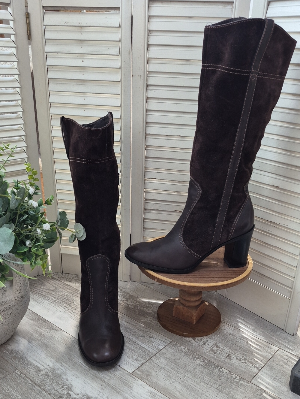 Franco Sarto Tall Dark Brown Suede & Leather Heel Boots